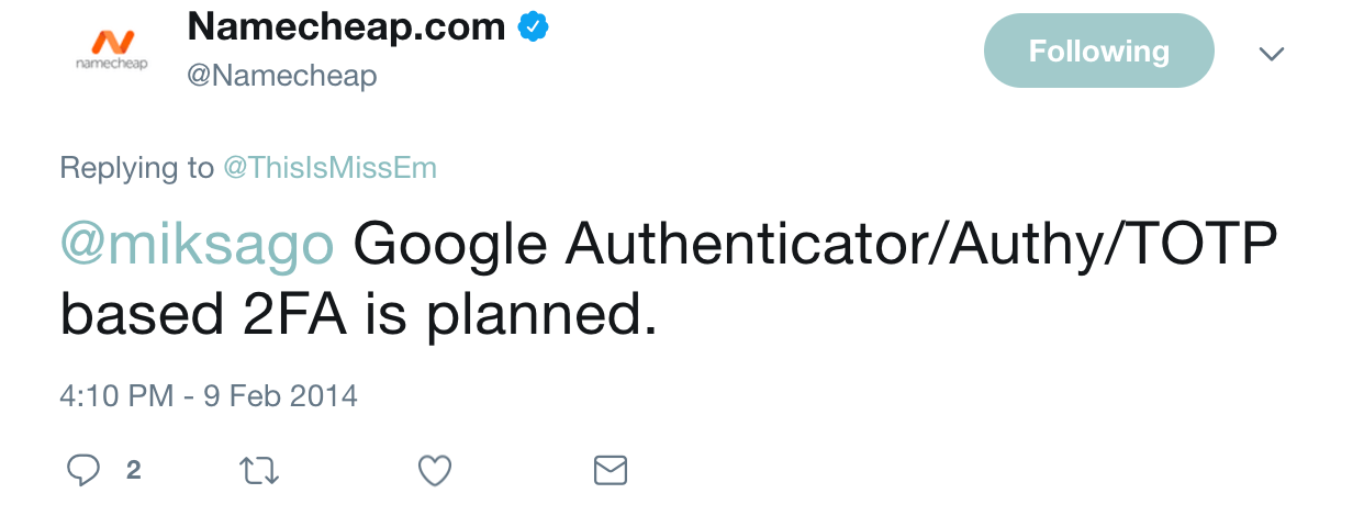 Namecheap 2FA Tweet