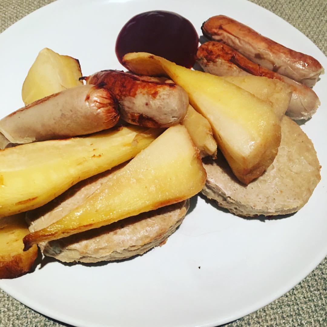Turkey sausages, burgers, and parsnips