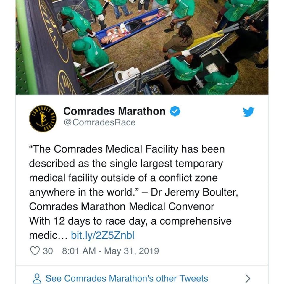 By the sounds of it I don’t need a reservation: “The Comrades Medical Facility has been described as the single largest temporary medical facility outside of a conflict zone anywhere in the world